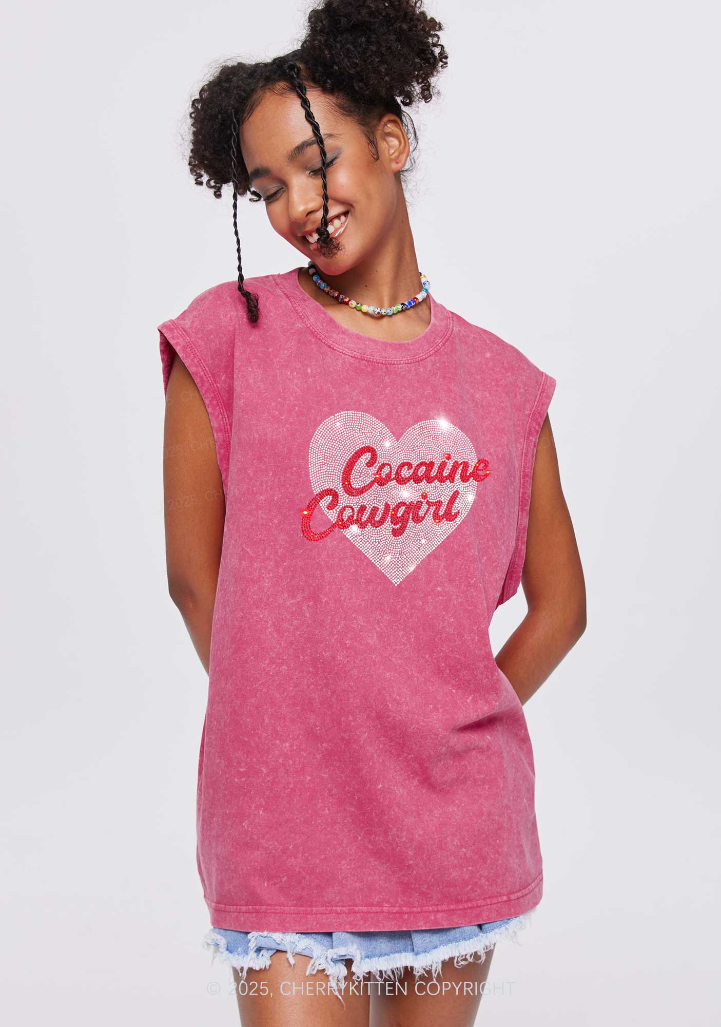 Rhinestone Cola Cowgirl Y2K Washed Muscle Tank Cherrykitten