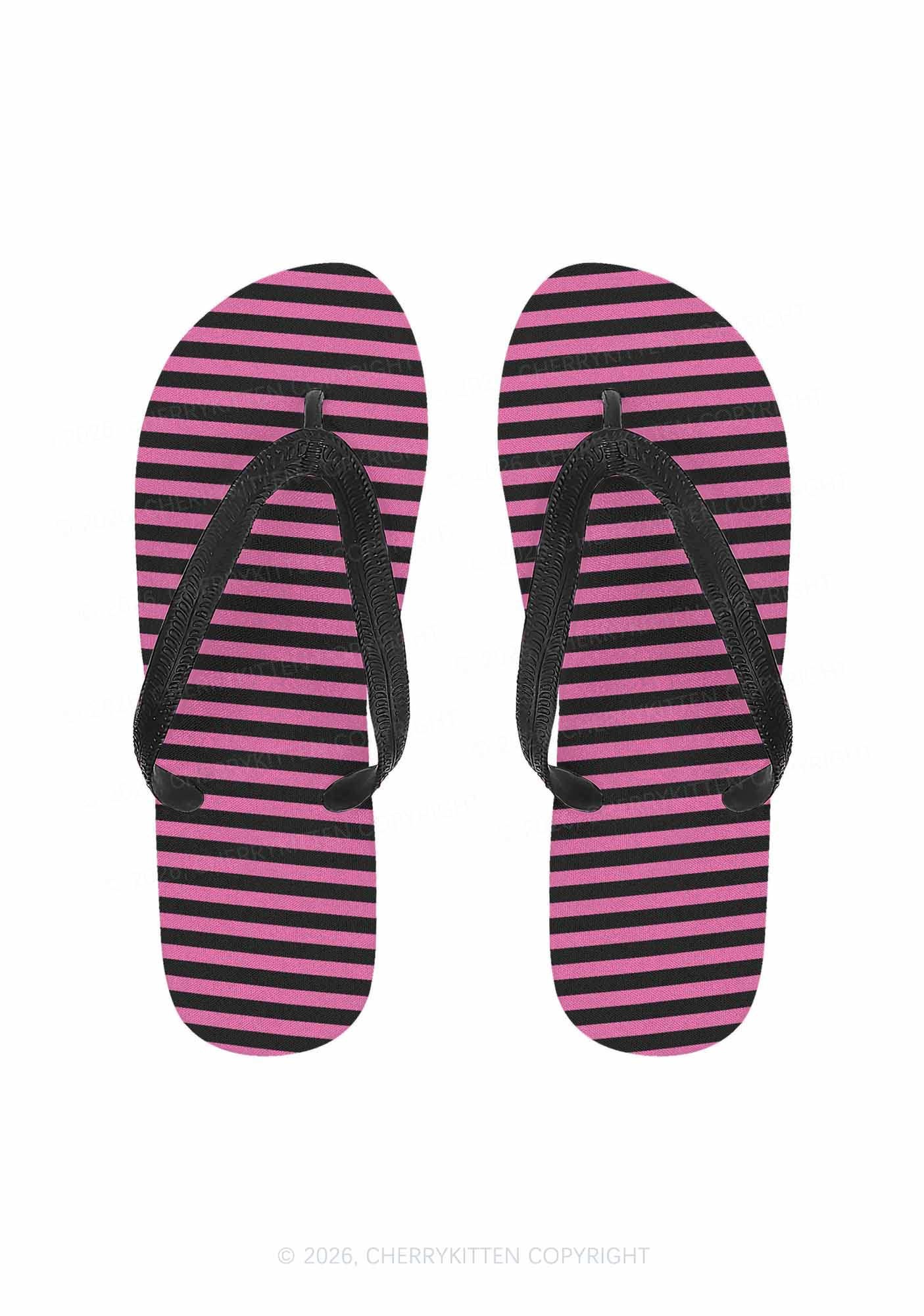 Pink And Black Stripes Y2K Print Flip Flops Cherrykitten