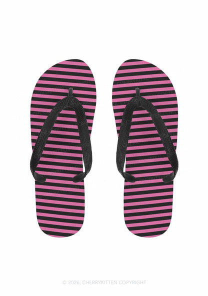 Pink And Black Stripes Y2K Print Flip Flops Cherrykitten