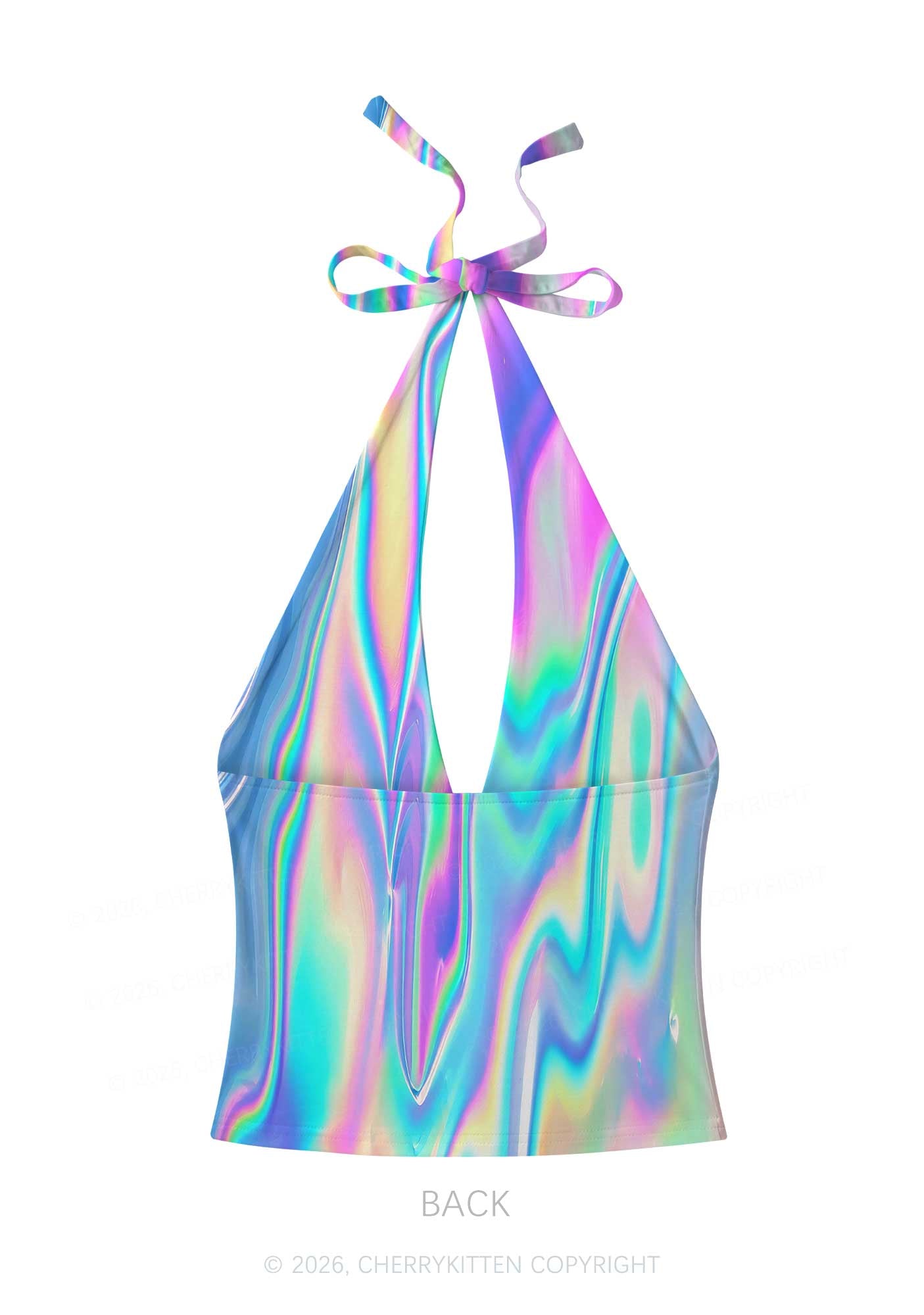 Holographic Iridescent Swirl Y2K Print Halter Deep V Neck Cami Cherrykitten