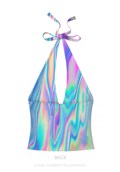 Holographic Iridescent Swirl Y2K Print Halter Deep V Neck Cami Cherrykitten