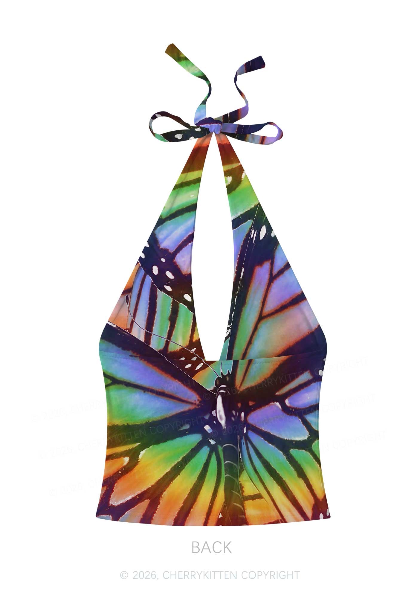 Rainbow Butterfly Y2K Print Halter Deep V Neck Cami Cherrykitten