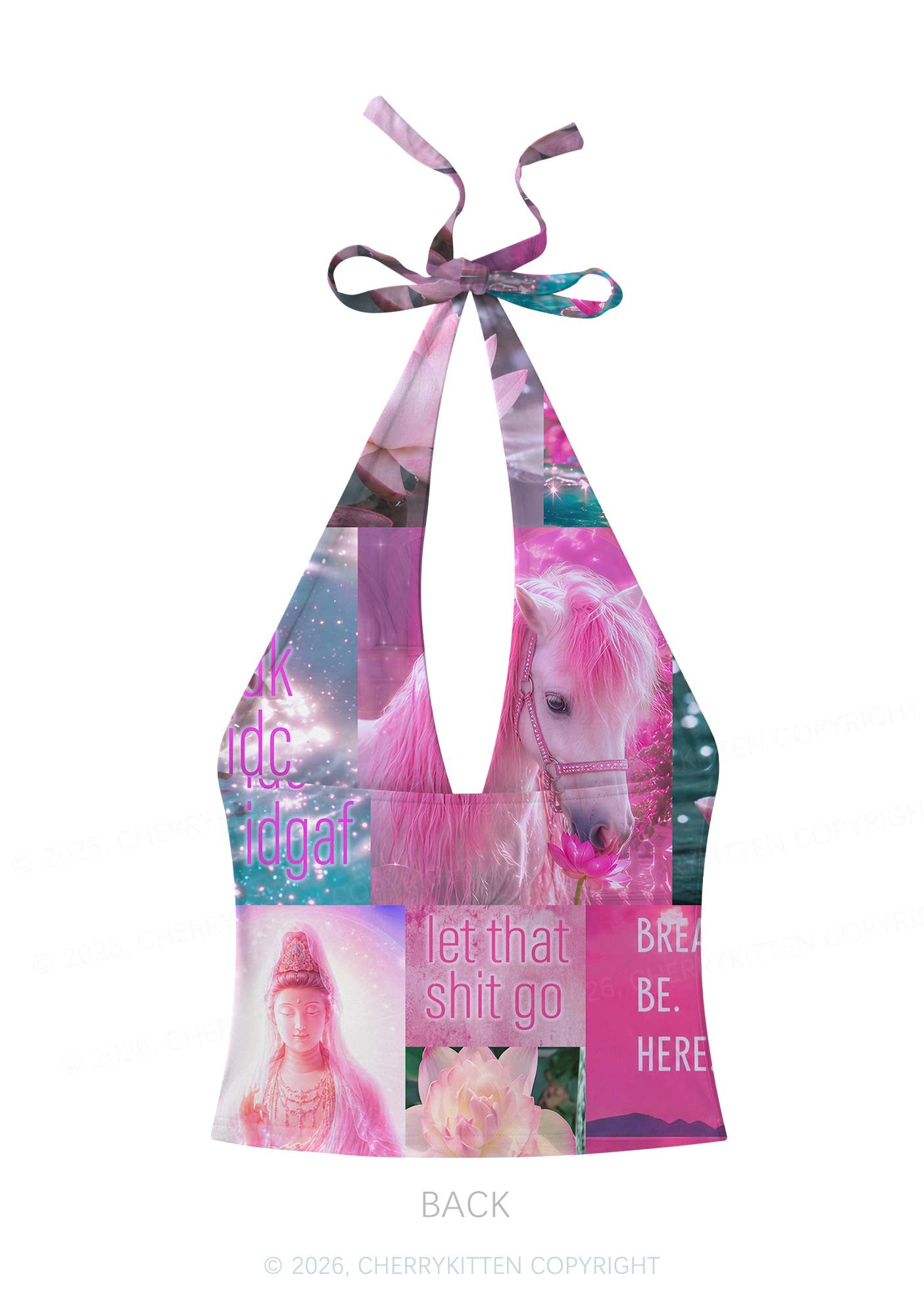 Pink Unicorn Collage Art Y2K Print Halter Deep V Neck Cami Cherrykitten