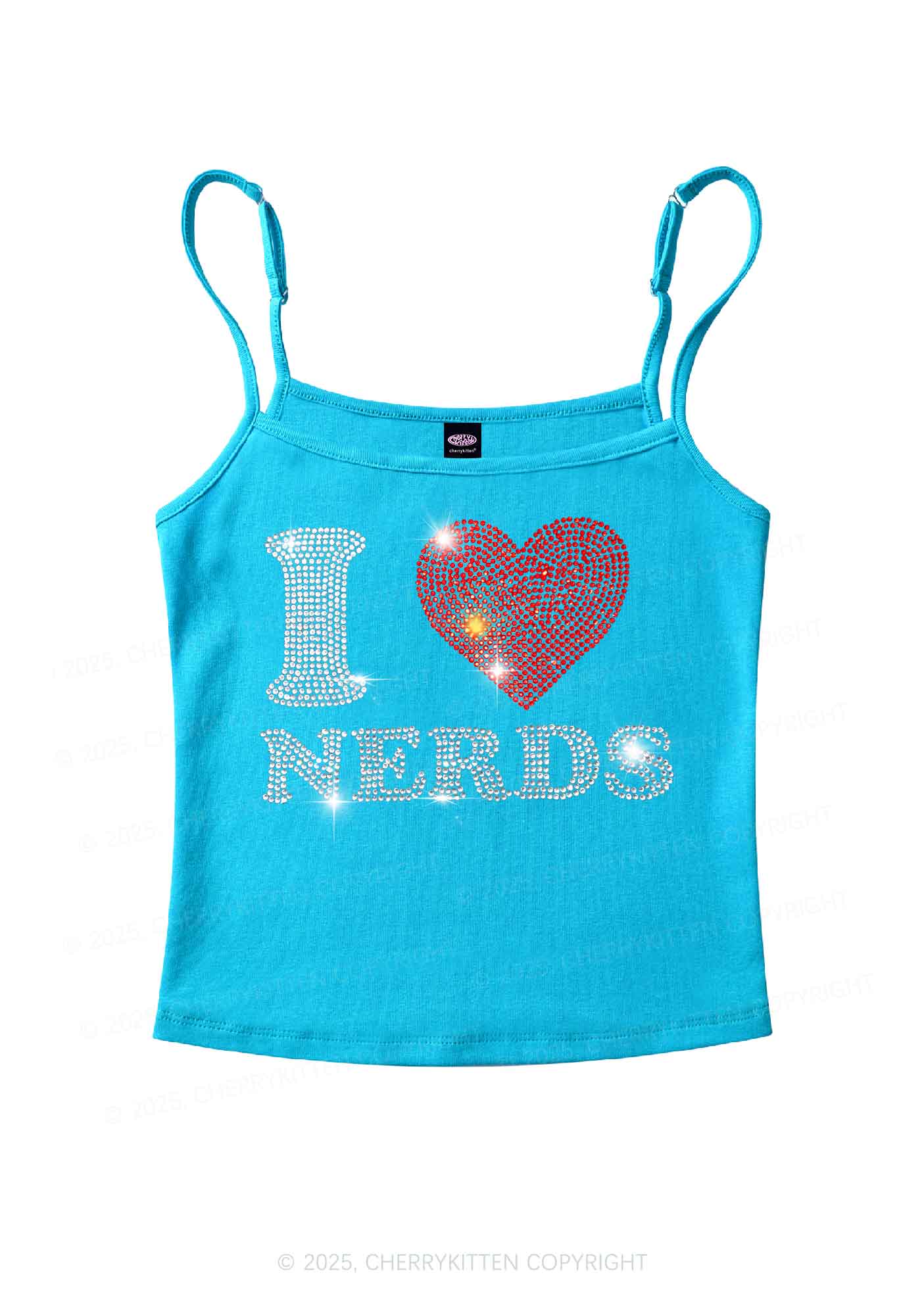 Rhinestone I Love Nerds Y2K Spaghetti Strap Cami Cherrykitten