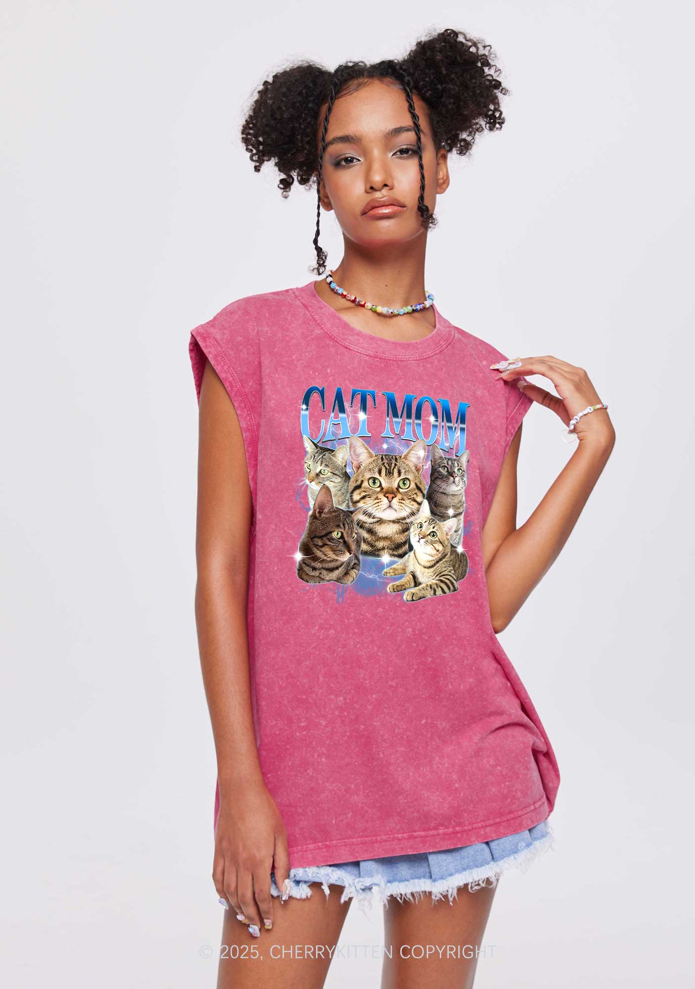 Custom Photo Cat Mom Y2K Washed Muscle Tank Cherrykitten