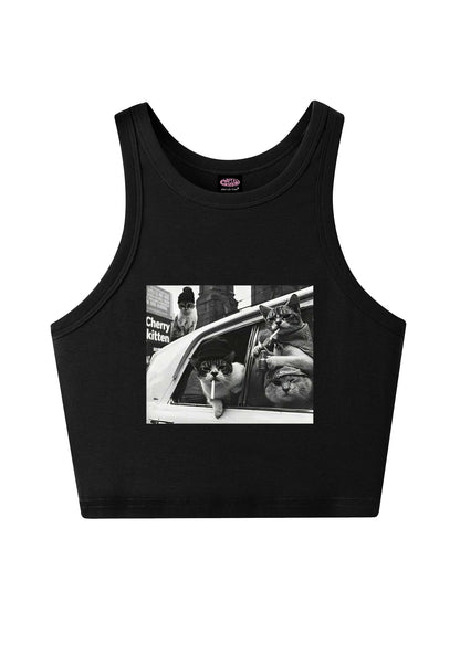 Cats Smoke In Car Y2K Crop Tank Top Cherrykitten