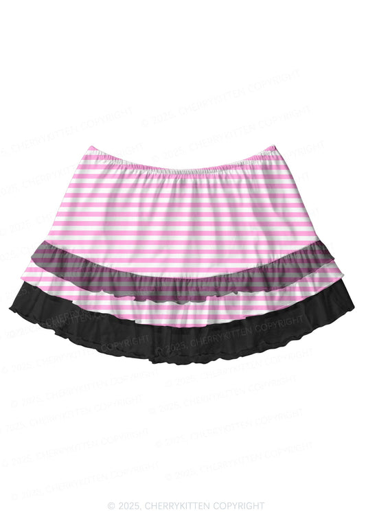 Pink White Stripe Valentine's Day Y2K Print Mini Layered Skirt Cherrykitten