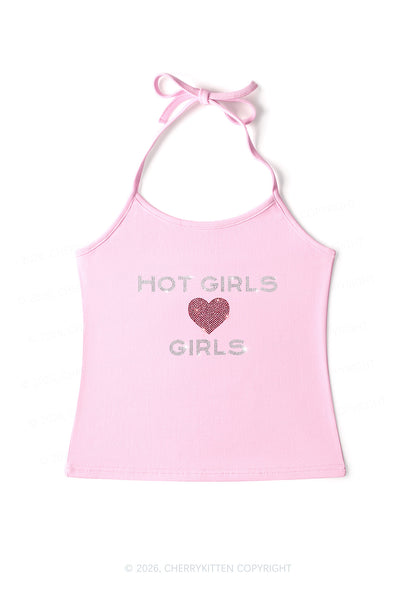 Rhinestone Hot Girls Love Girls Pride Y2K Halter Neck Cami Cherrykitten