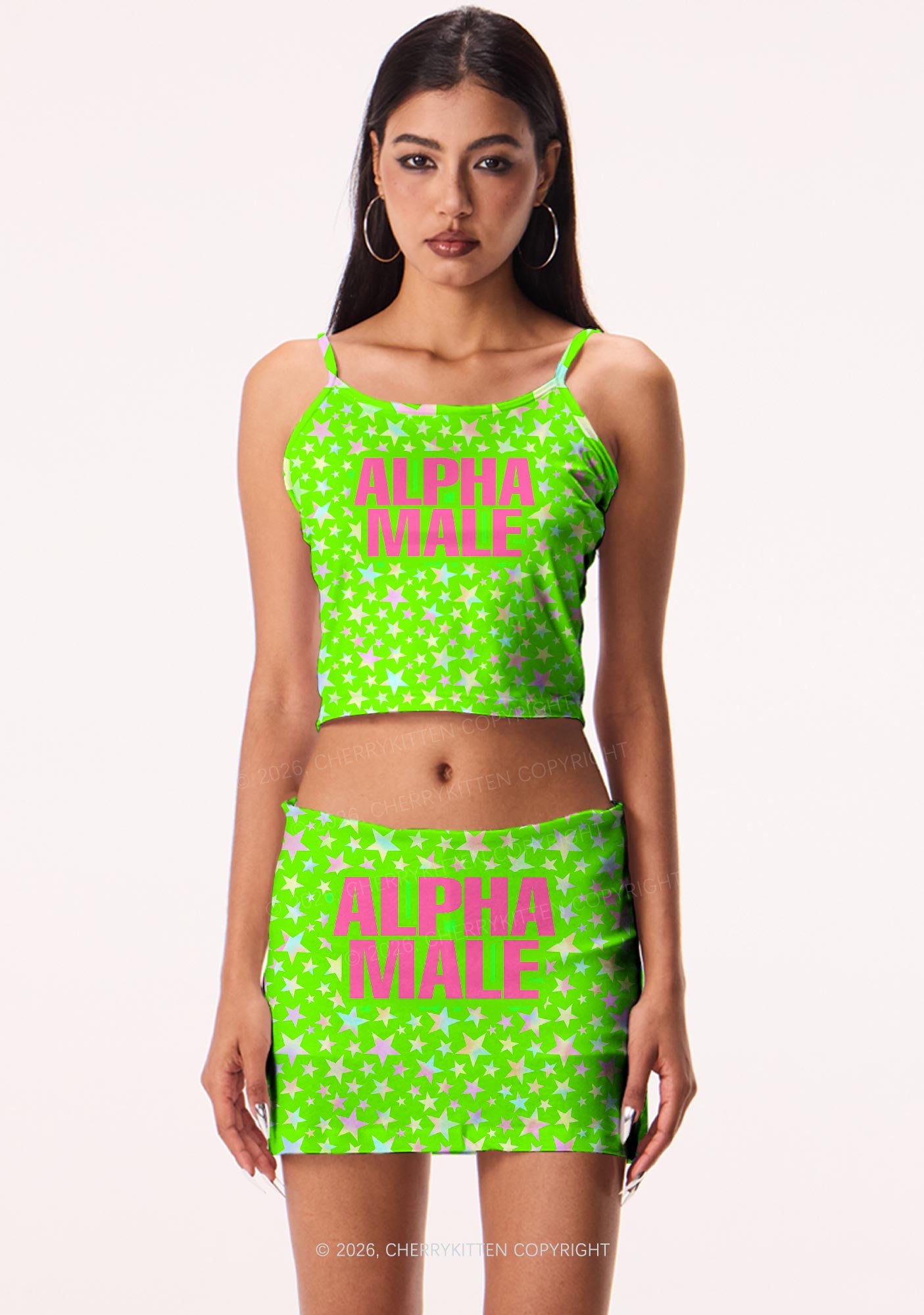Green Alpha Male Y2K Print Mini Skirt Cherrykitten