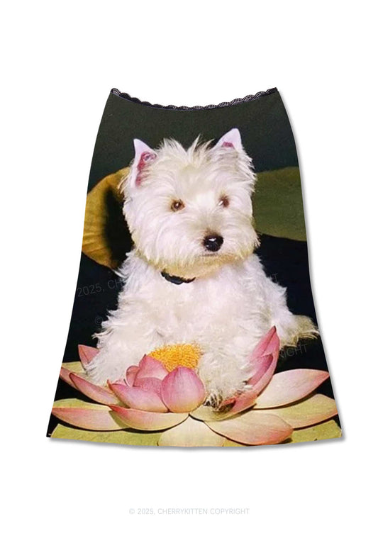 Puppy On Lotus Y2K Print Midi Skirt Cherrykitten
