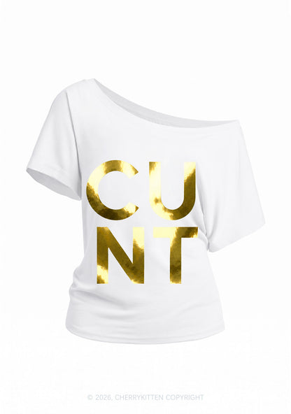 Cxxt Silver Foil Printed Y2K Off Shoulder Tee Cherrykitten