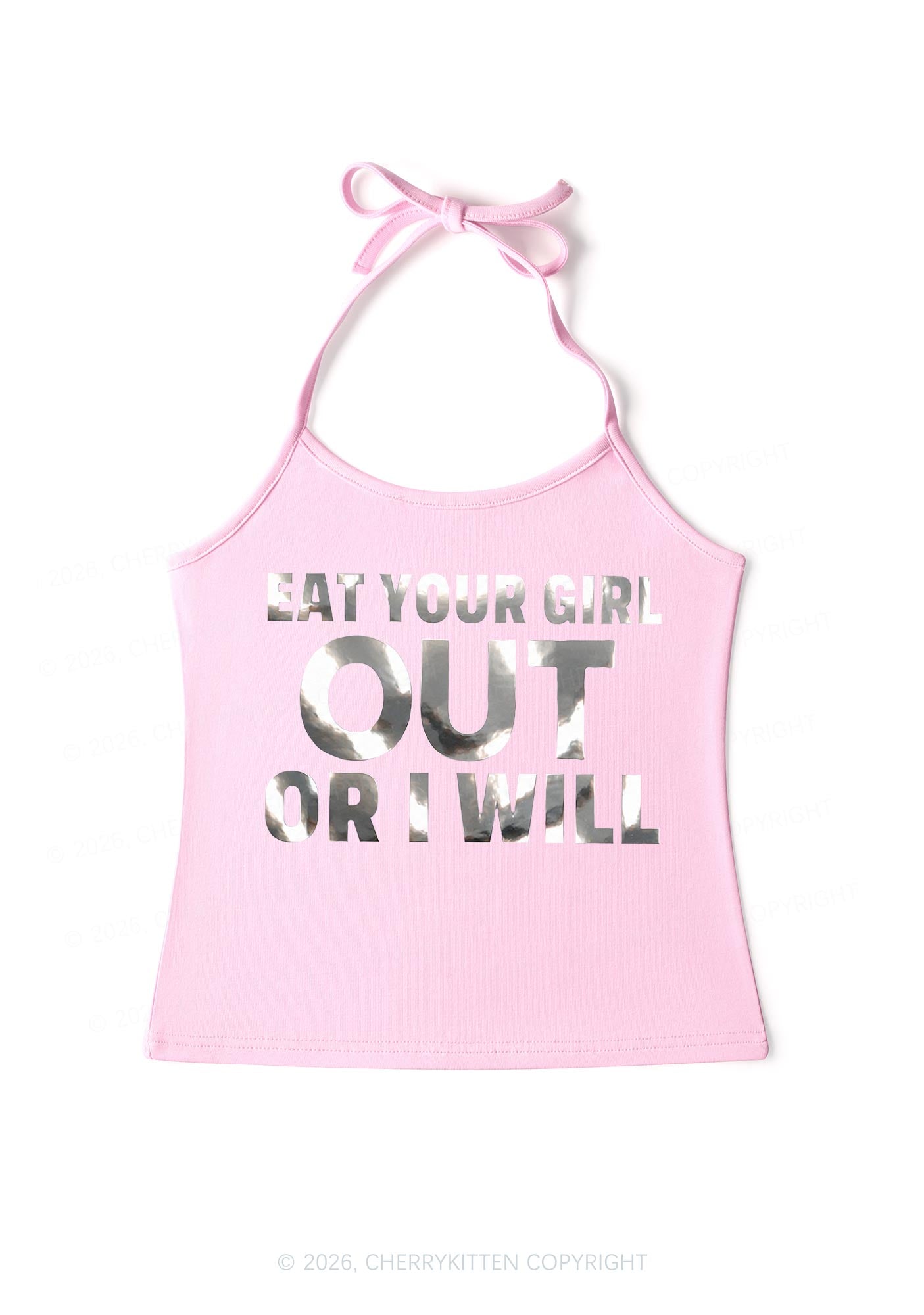 Eat Your Girl Out Silver Foil Printed Y2K Halter Neck Cami Cherrykitten