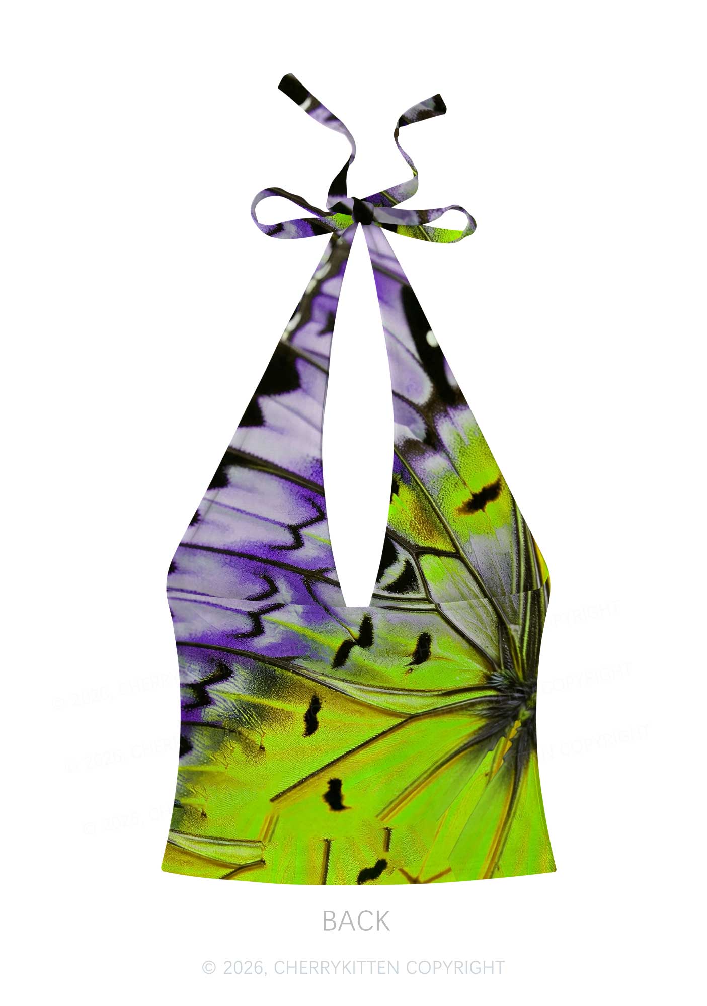Purple Lime Butterfly Wing Y2K Print Halter Deep V Neck Cami Cherrykitten