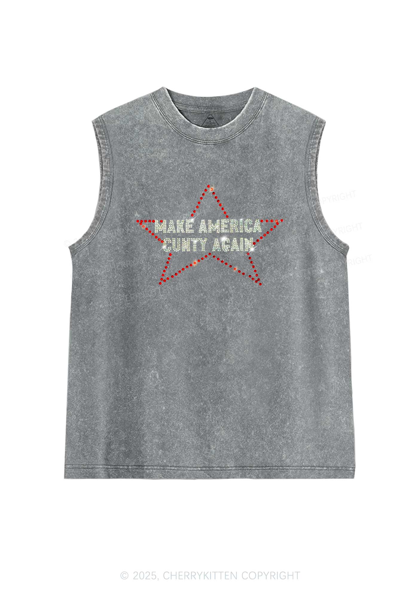 Rhinestone Make America Cxxty Again Y2K Washed Muscle Tank Cherrykitten