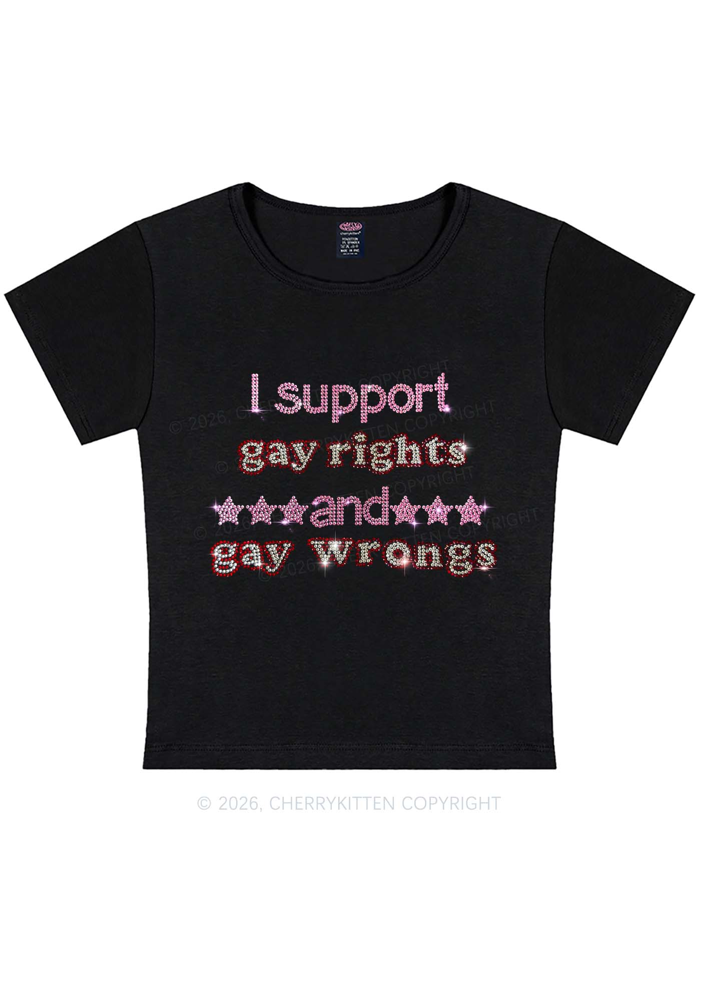 Rhinestone I Support Gay Rights Y2K Baby Tee Cherrykitten