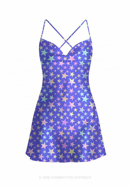 Rainbow Star On Purple Y2K Print Satin Cowl Neck Slip Dress Cherrykitten