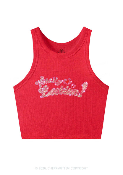 Rhinestone Totally Lesbian Pride Y2K Crop Tank Top Cherrykitten