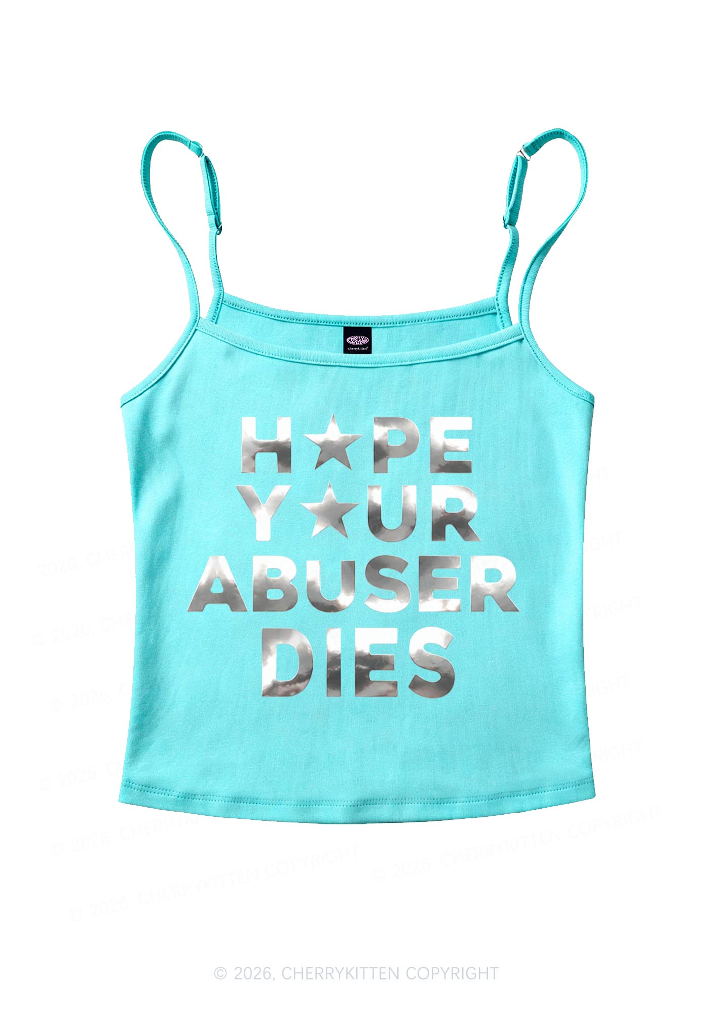 Abuser Dies Silver Foil Printed Y2K Spaghetti Strap Cami Cherrykitten