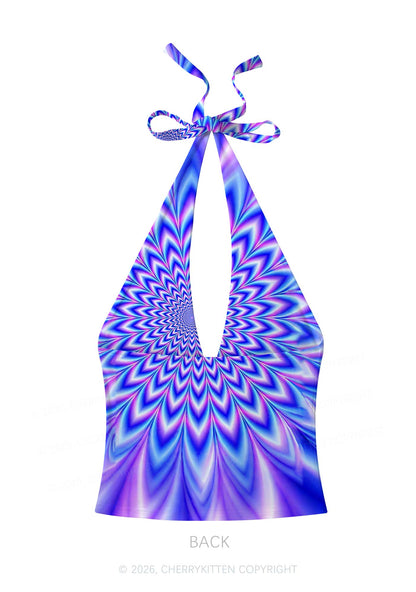 Blue Vortex Optical Illusion Y2K Print Halter Deep V Neck Cami Cherrykitten