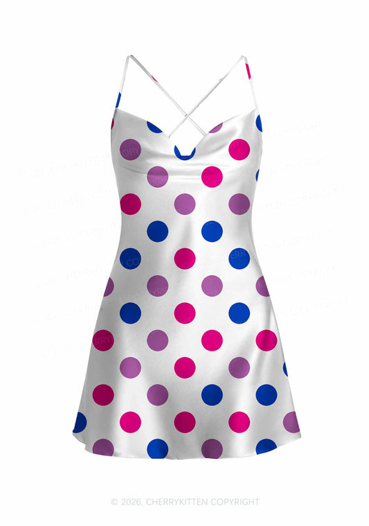 Bisexual Dots On White Pride Y2K Print Satin Cowl Neck Slip Dress Cherrykitten