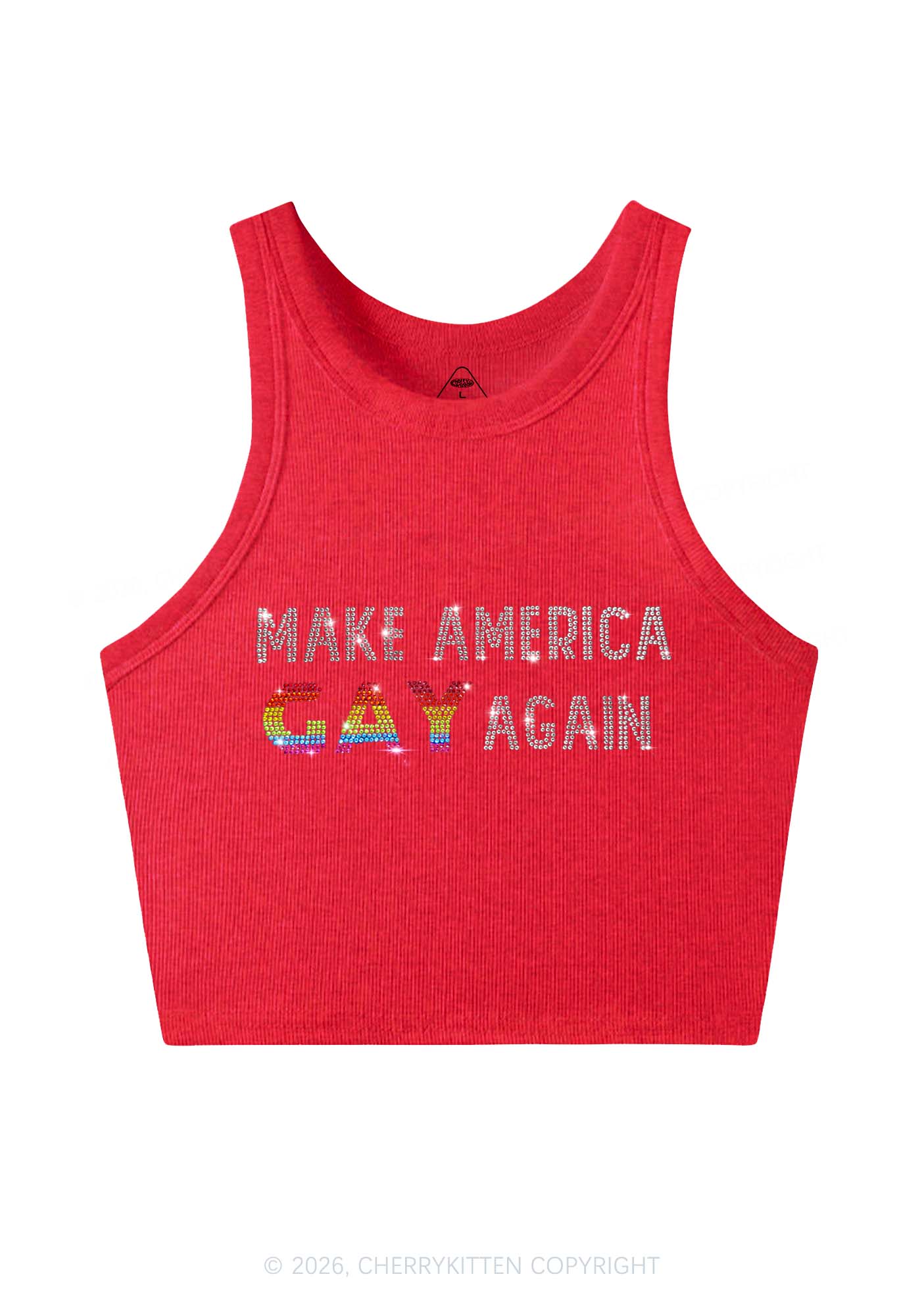 Rhinestone Make America Gay Again Pride Y2K Crop Tank Top Cherrykitten