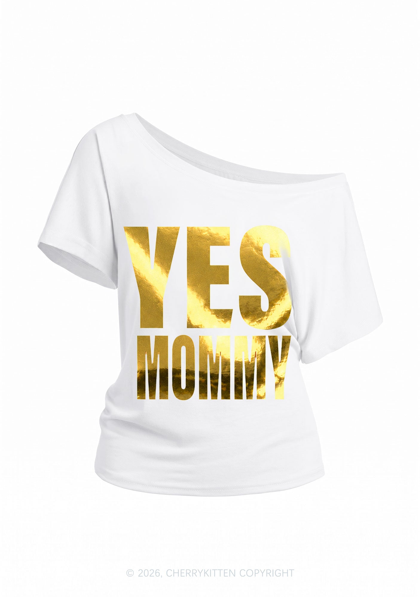 Yes Mommy Silver Foil Printed Y2K Off Shoulder Tee Cherrykitten