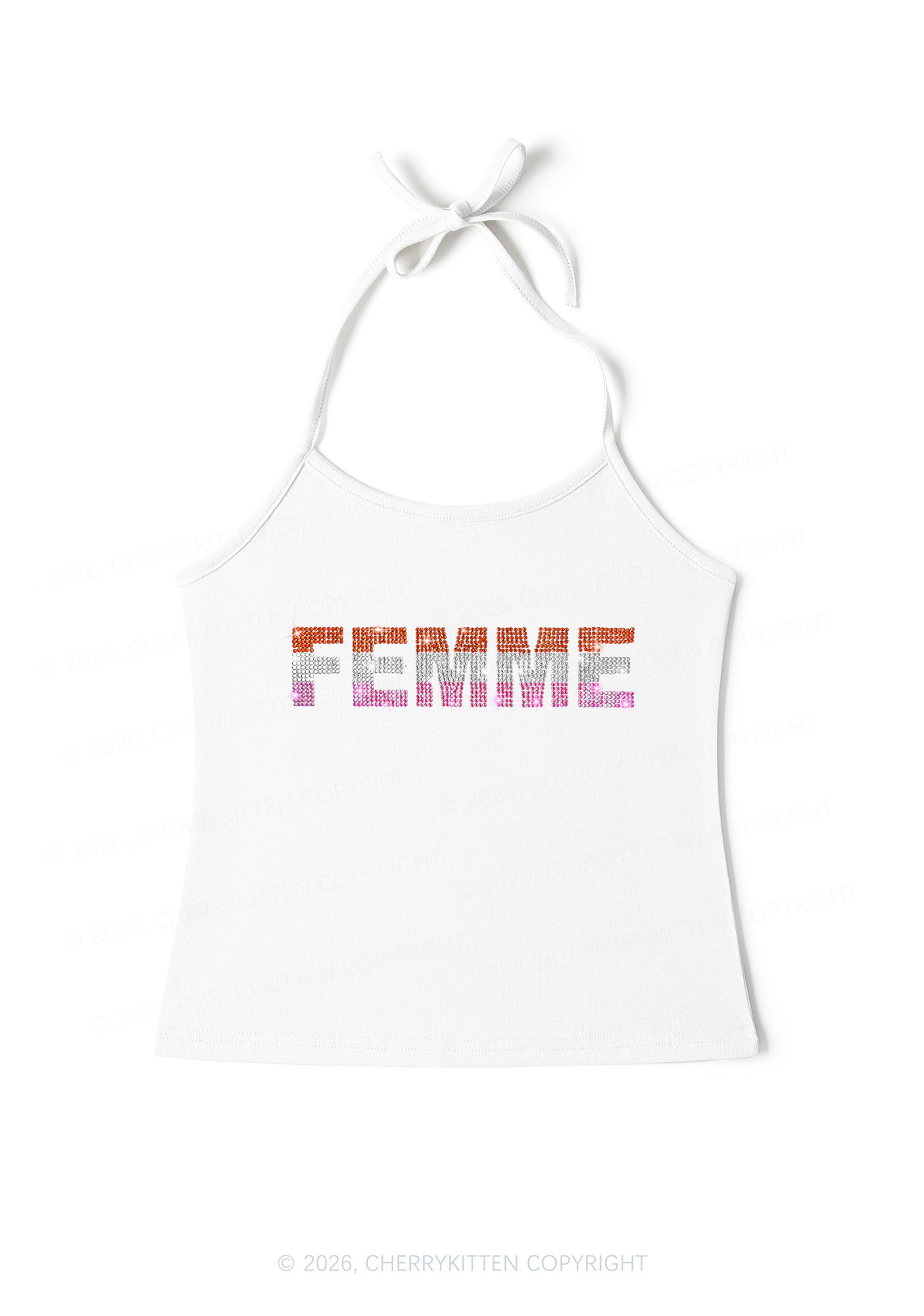 Rhinestone Femme Pride Y2K Halter Neck Cami Cherrykitten