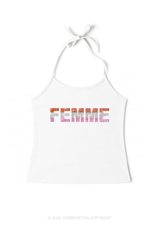 Rhinestone Femme Pride Y2K Halter Neck Cami Cherrykitten