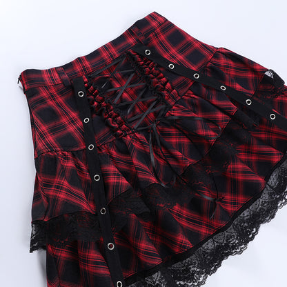 Plaid Camisole Top Lace Strap Slim Skirt Set