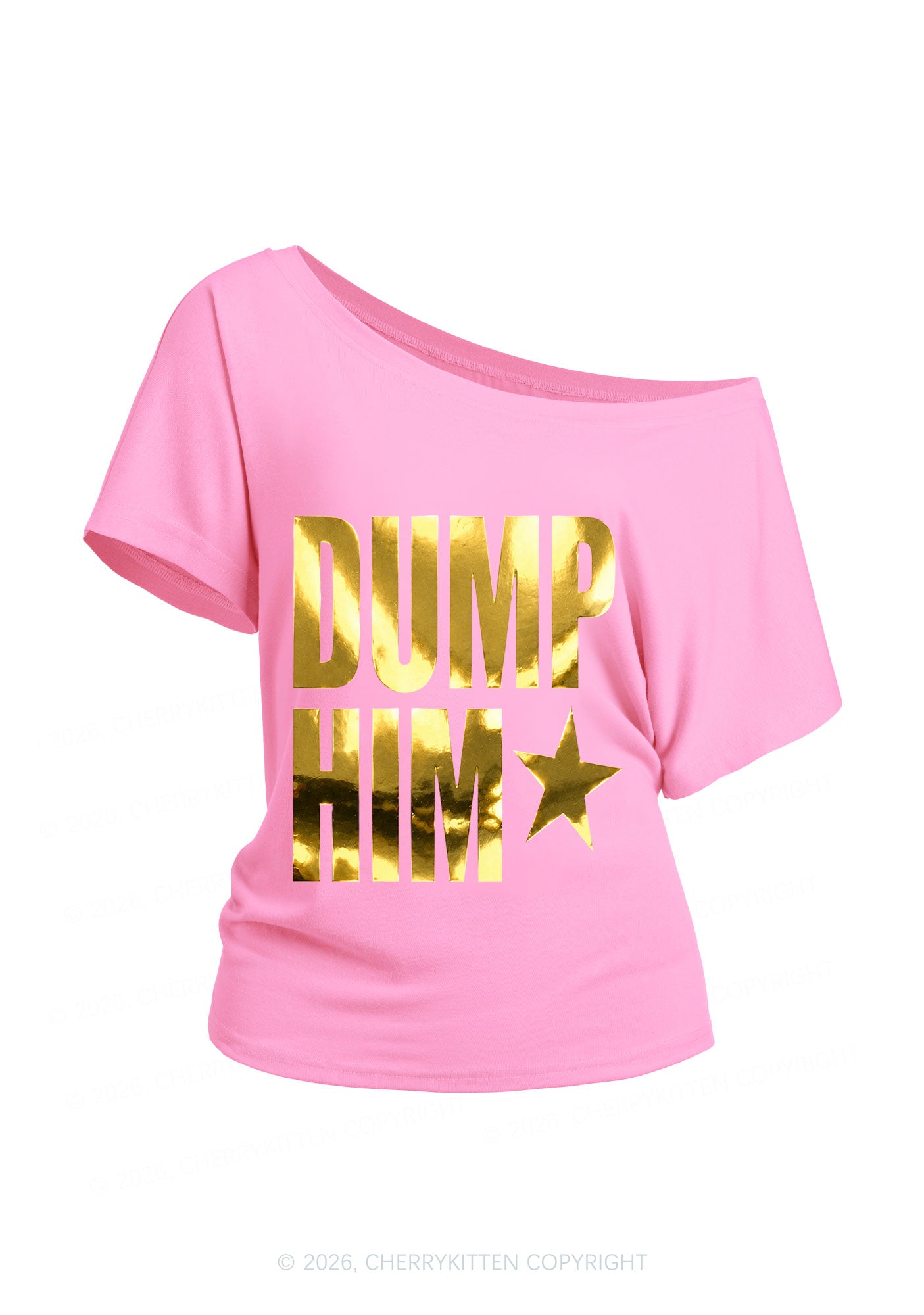 Dump Him Silver Foil Printed Y2K Off Shoulder Tee Cherrykitten