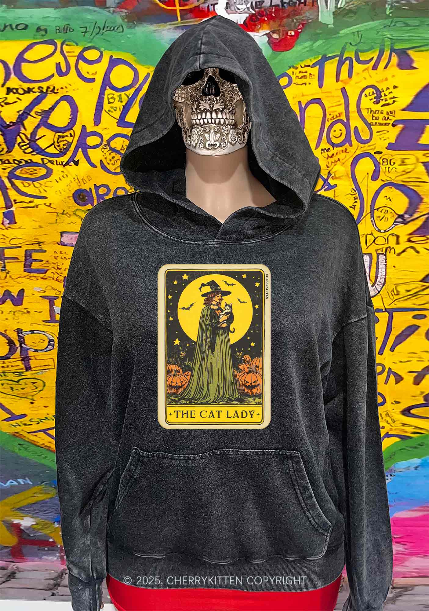 Halloween The Witch Cat Lady Y2K Washed Hoodie Cherrykitten