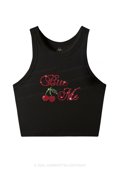 Rhinestone Red Cherry Bite Me Y2K Crop Tank Top Cherrykitten