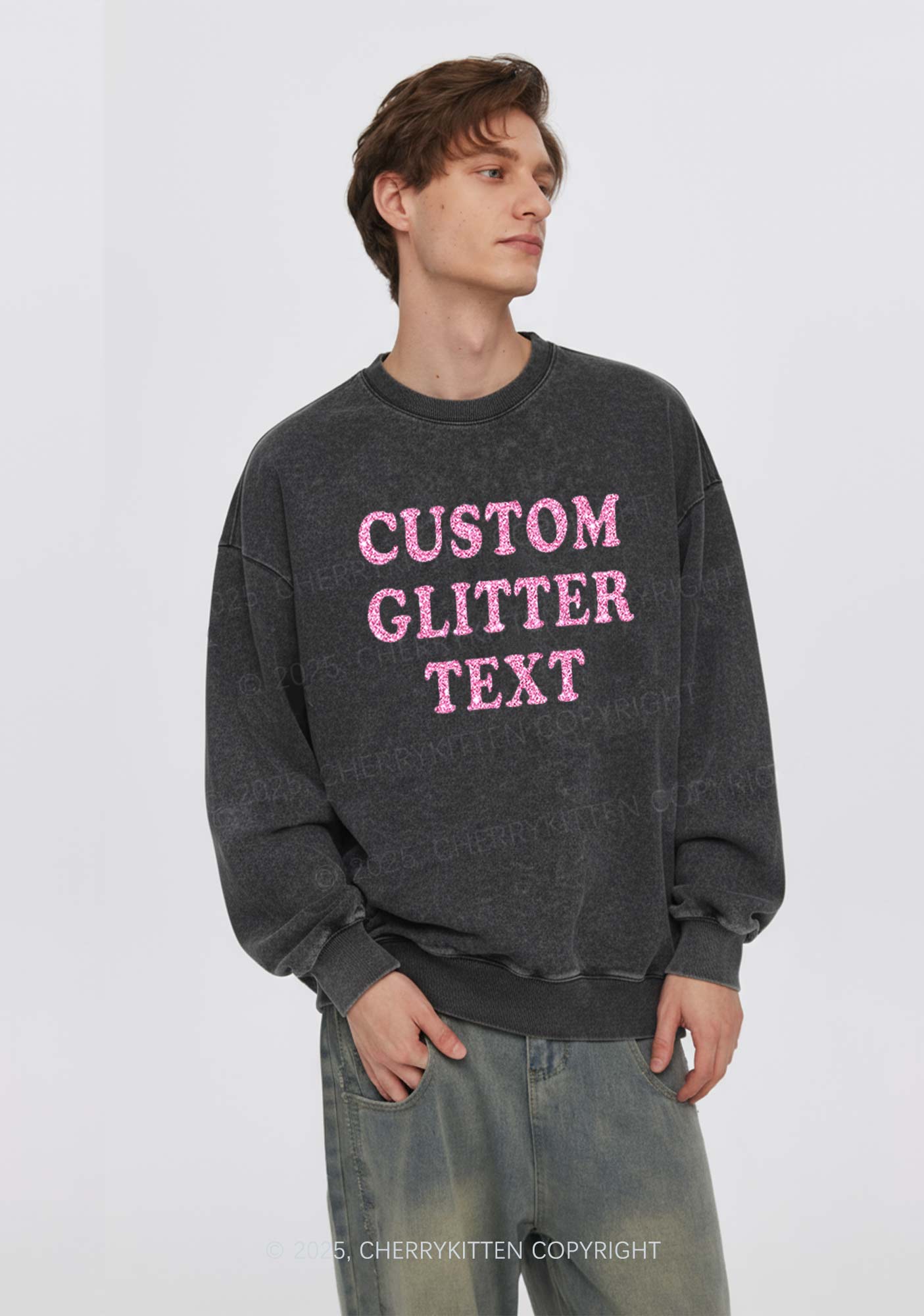 Custom Text Glitter Y2K Washed Sweatshirts Cherrykitten