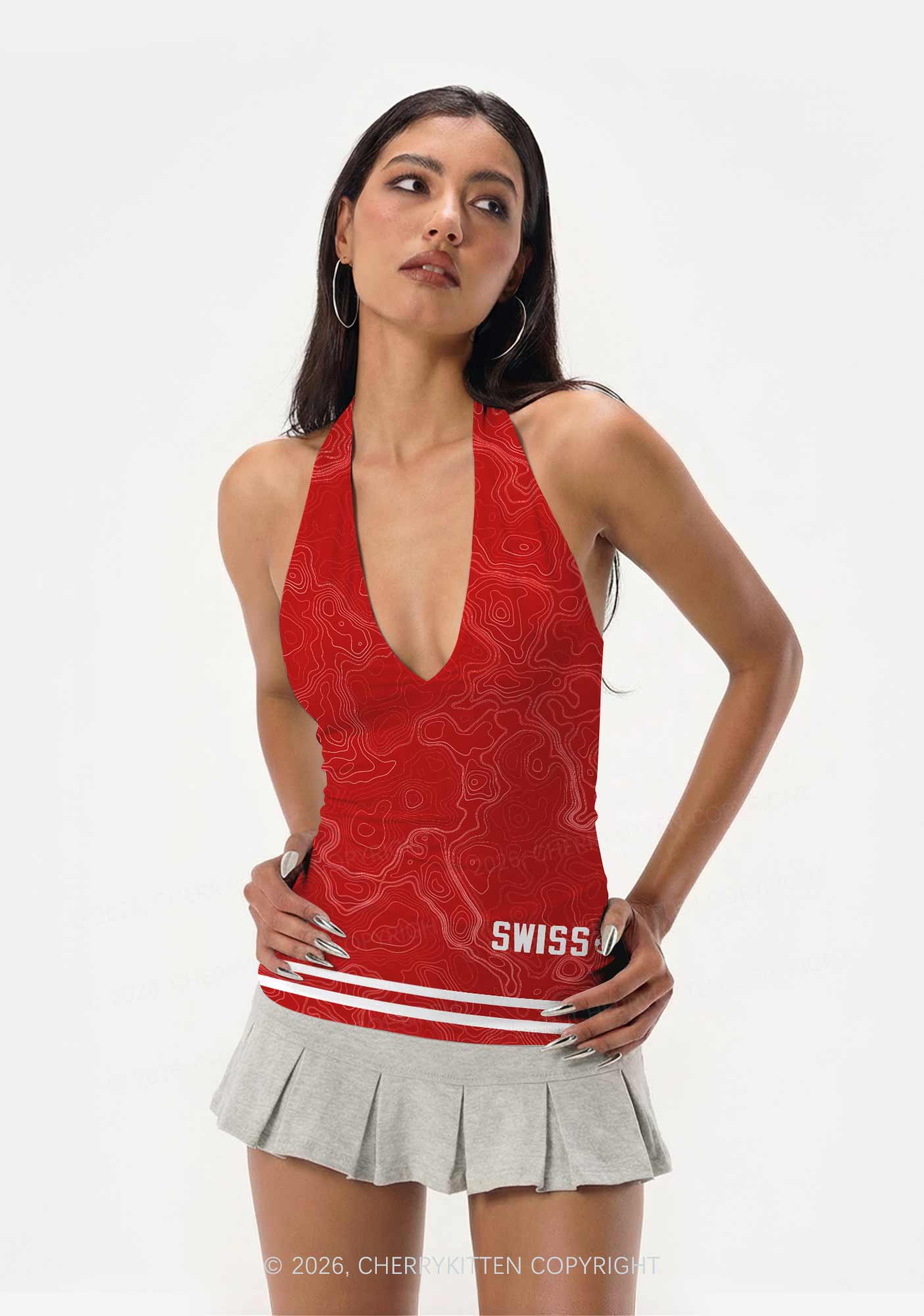 Red Topographic Line Y2K Print Halter Deep V Neck Cami Cherrykitten