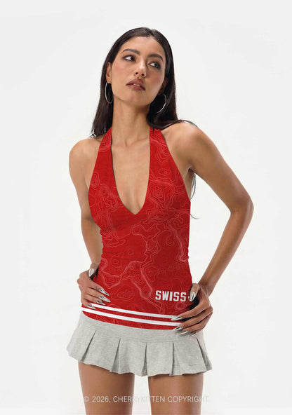 Red Topographic Line Y2K Print Halter Deep V Neck Cami Cherrykitten