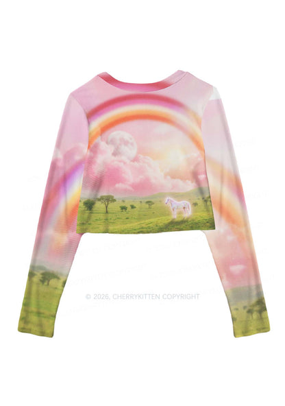 Lesbian Rainbow Pony Pride Y2K Mesh Long Sleeve Crop Top Cherrykitten