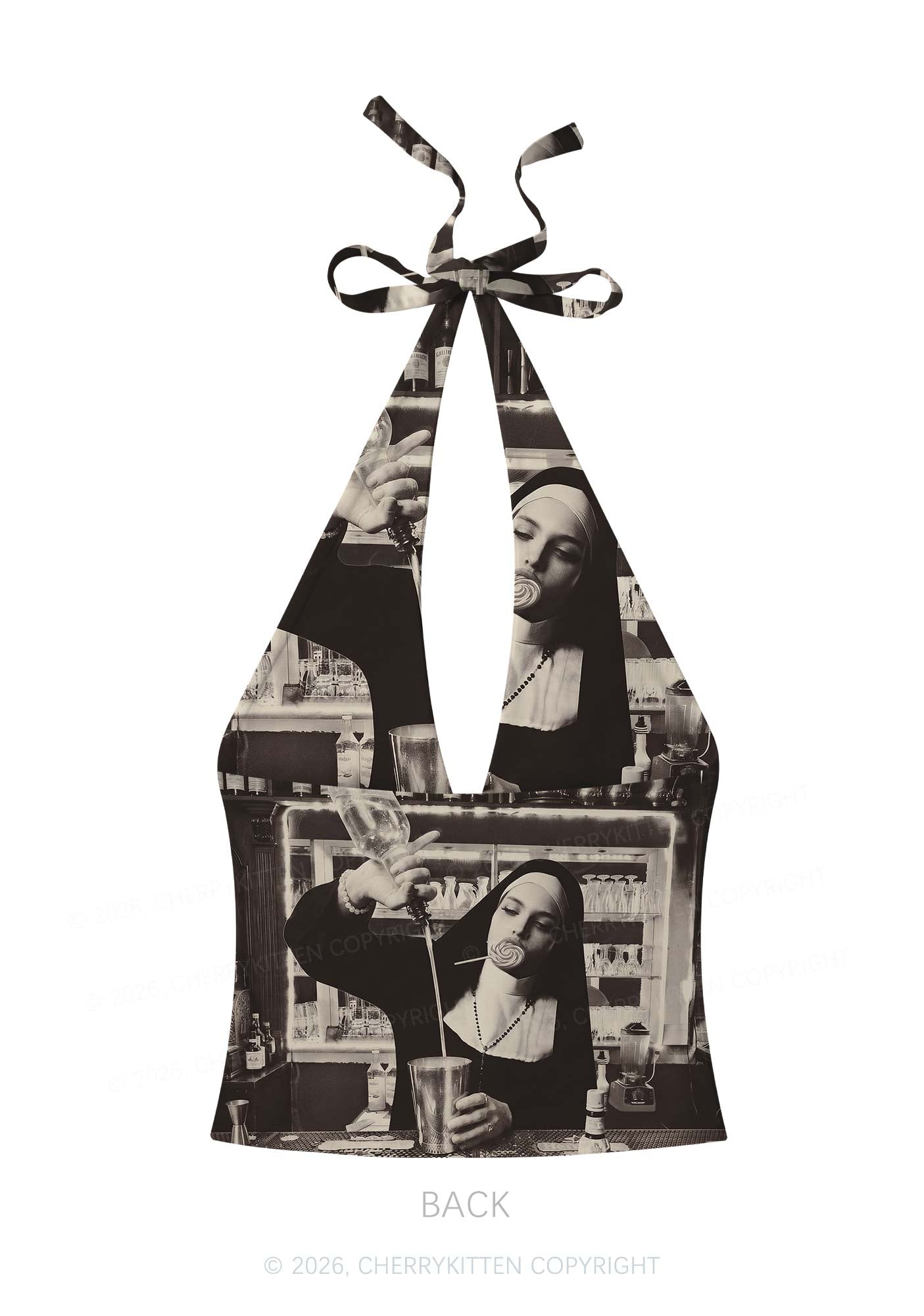 Nun Bartender Y2K Print Halter Deep V Neck Cami Cherrykitten