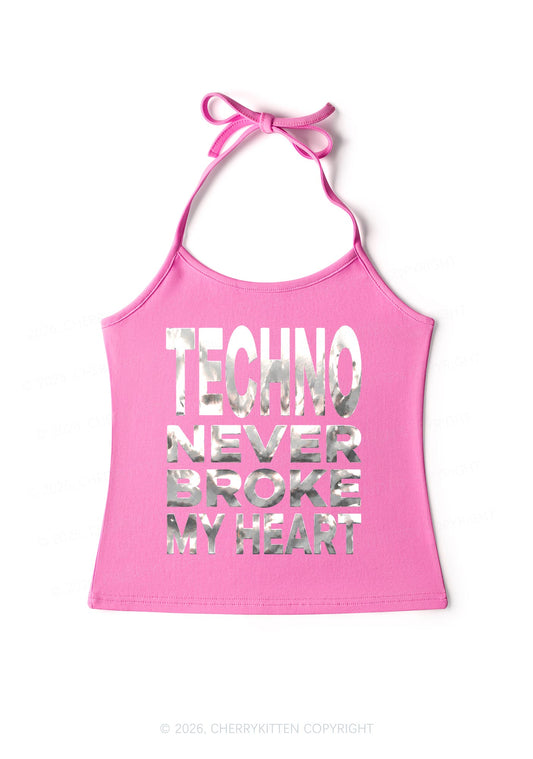 Techno Broke Heart Silver Foil Printed Y2K Halter Neck Cami Cherrykitten