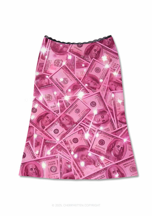 Pink Shiny Money Y2K Print Midi Skirt Cherrykitten