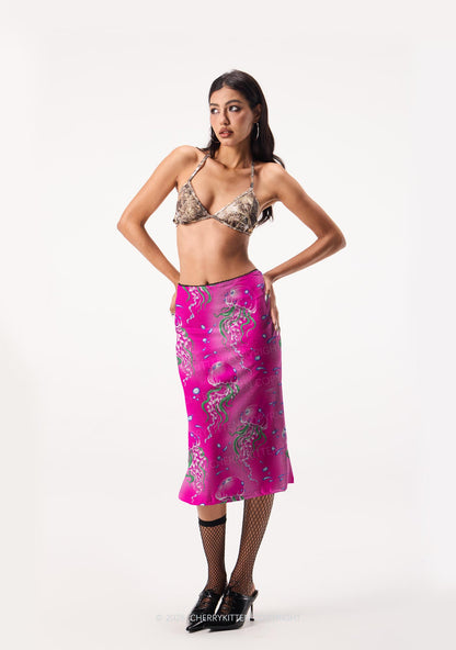 Hot Pink Jellyfish Bubble Y2K Print Midi Skirt Cherrykitten