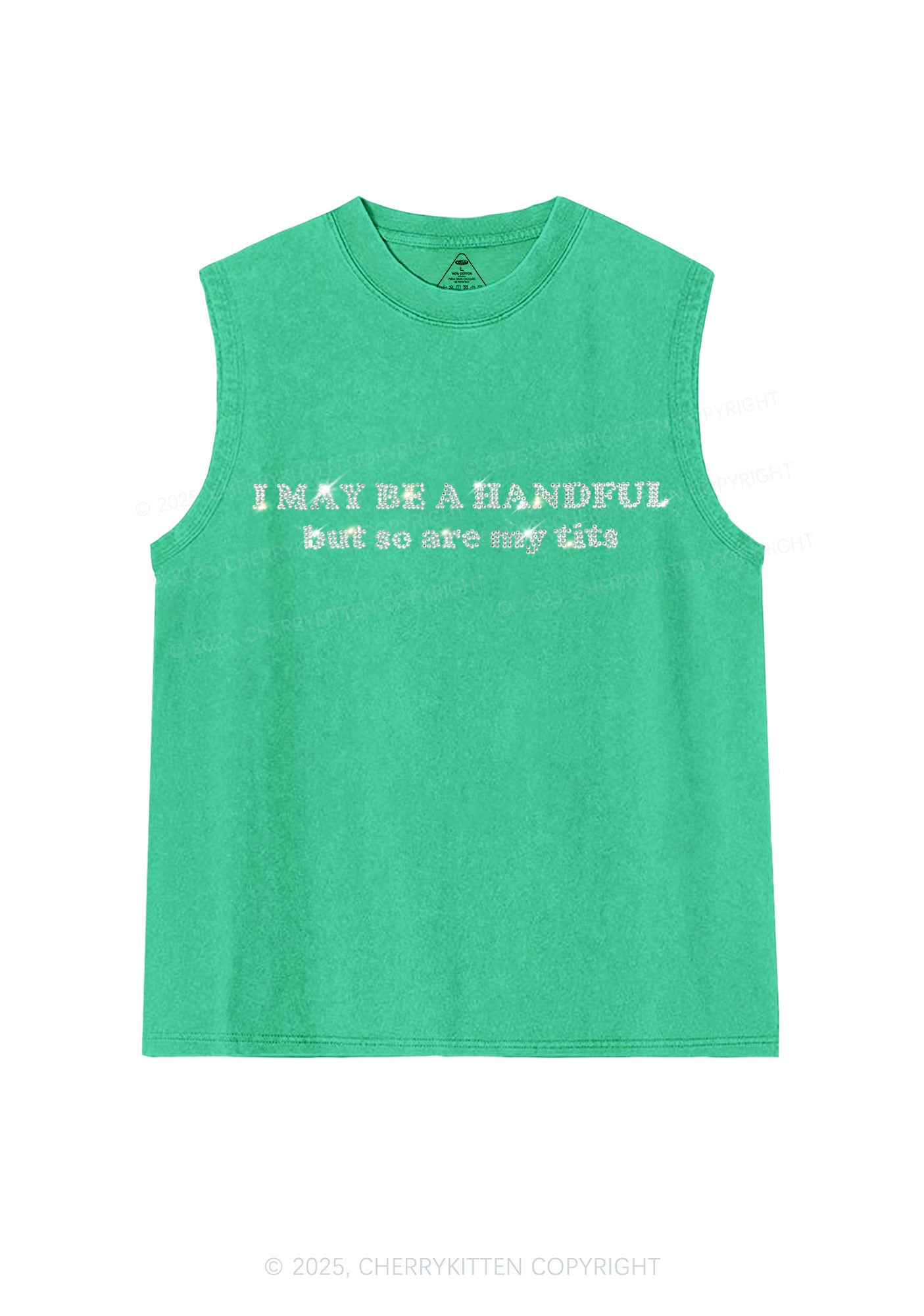 Rhinestone I May Be A Handful Y2K Washed Muscle Tank Cherrykitten