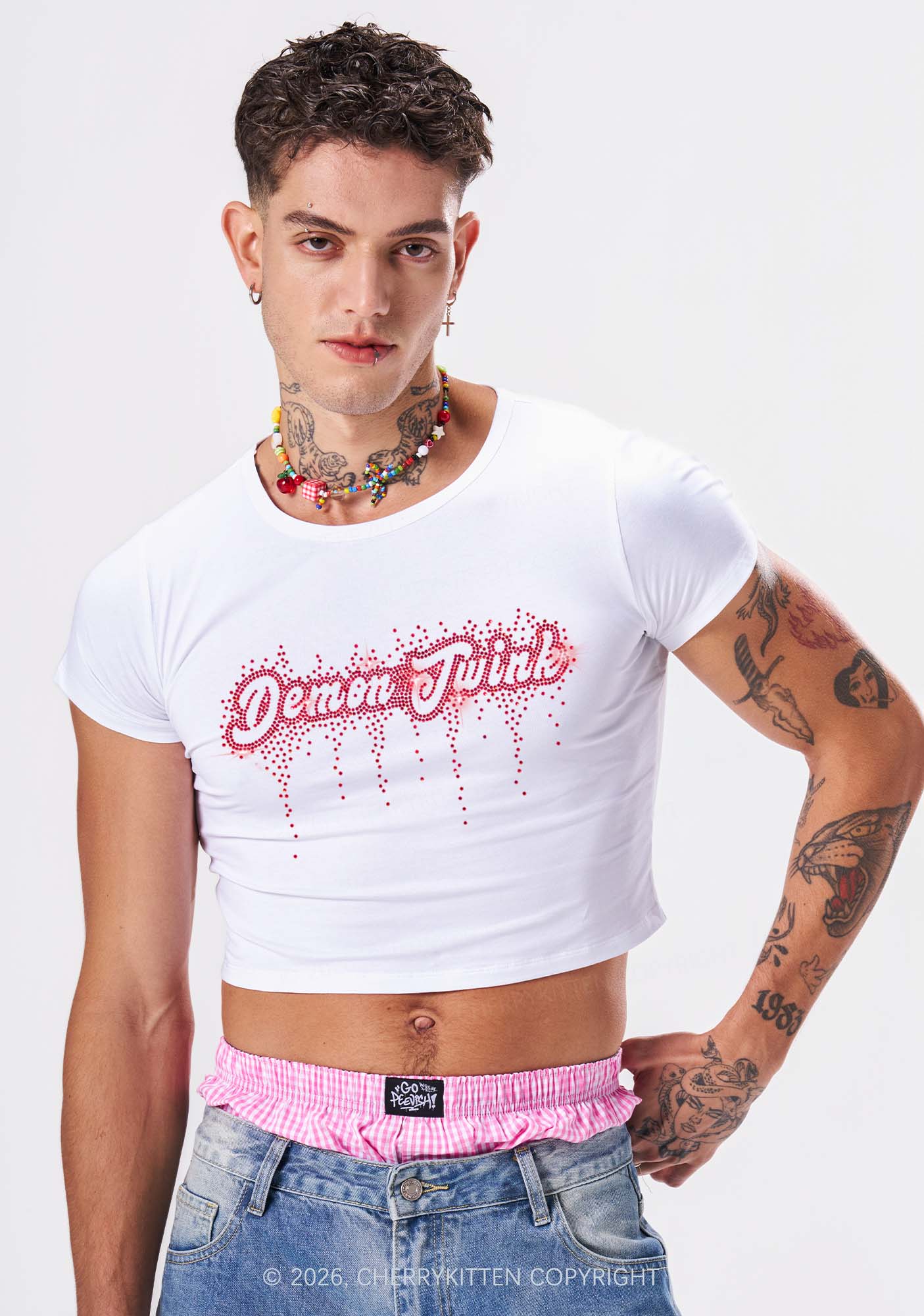 Rhinestone Demon Twink Pride Y2K Baby Tee Cherrykitten