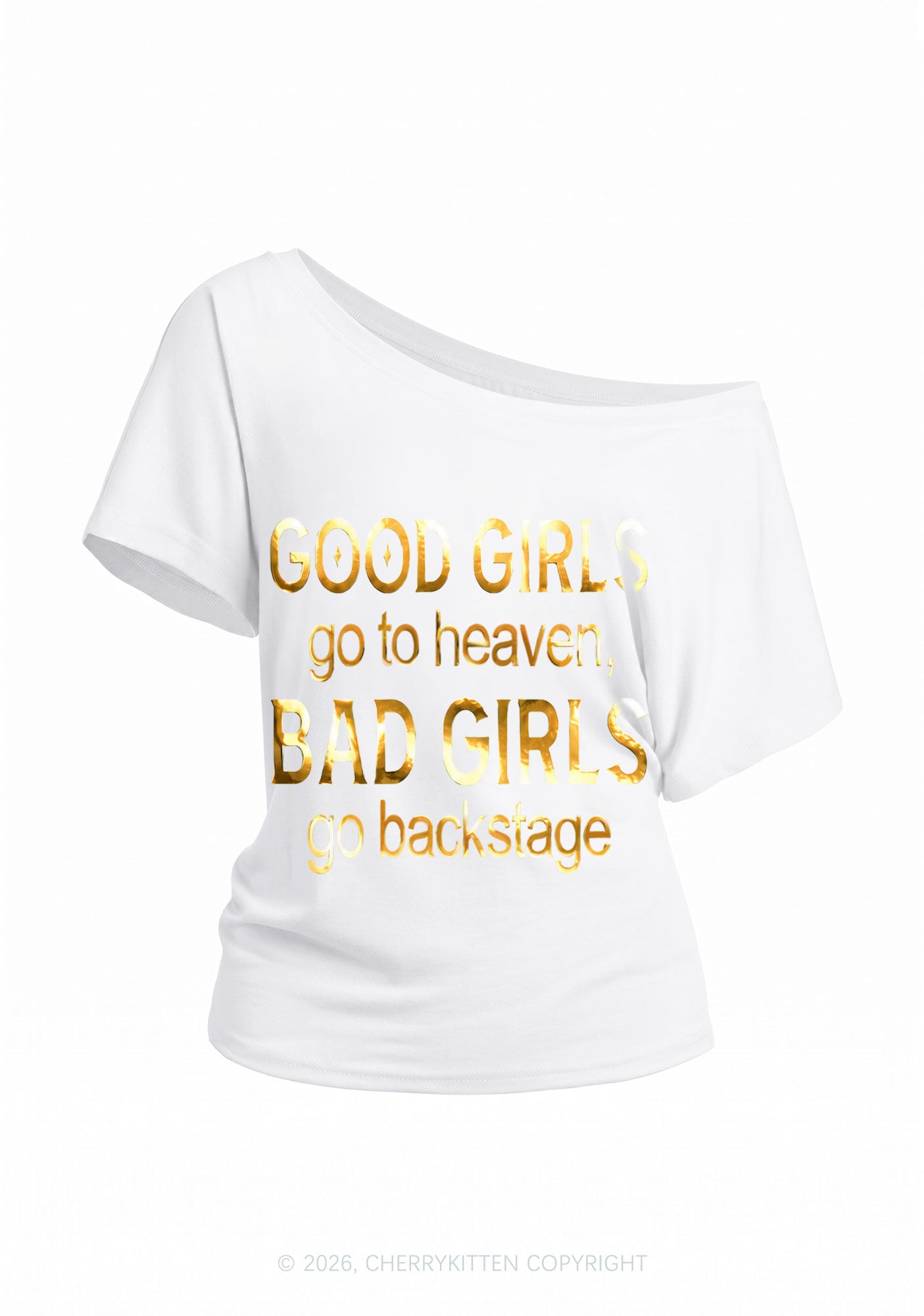Bad Girls Go Backstage Silver Foil Printed Y2K Off Shoulder Tee Cherrykitten