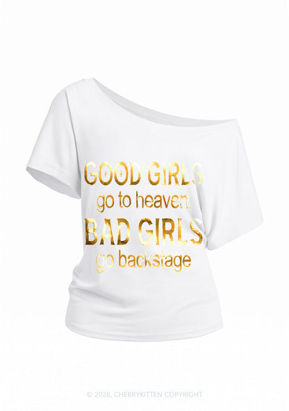 Bad Girls Go Backstage Silver Foil Printed Y2K Off Shoulder Tee Cherrykitten