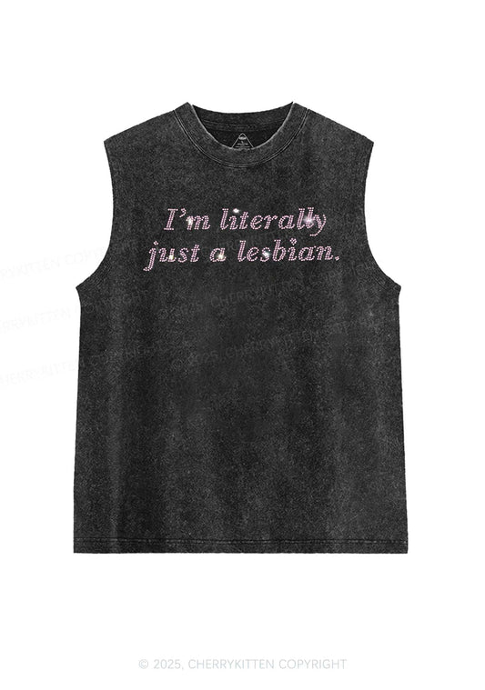 Rhinestone Literally Just A Lesbian Pride Y2K Washed Muscle Tank Cherrykitten