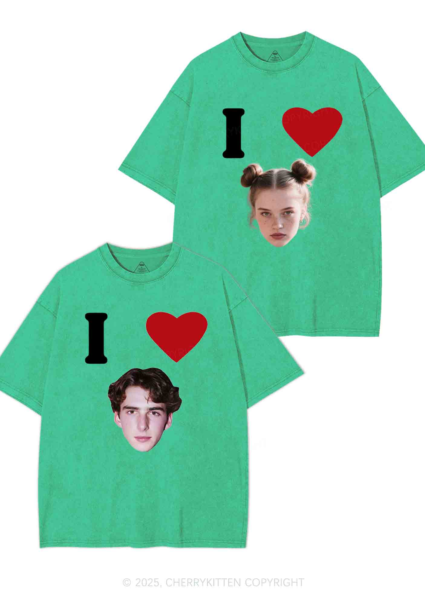 I Love Custom Portrait Y2K Valentine's Day Washed Tee Cherrykitten