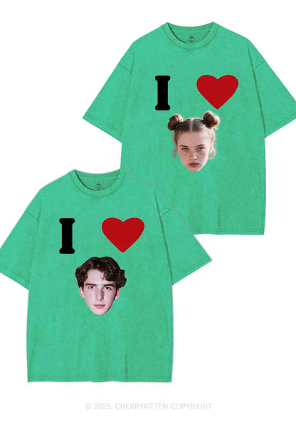 I Love Custom Portrait Y2K Valentine's Day Washed Tee Cherrykitten
