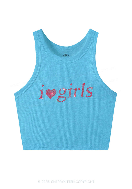Rhinestone I Love Girls Y2K Crop Tank Top Cherrykitten