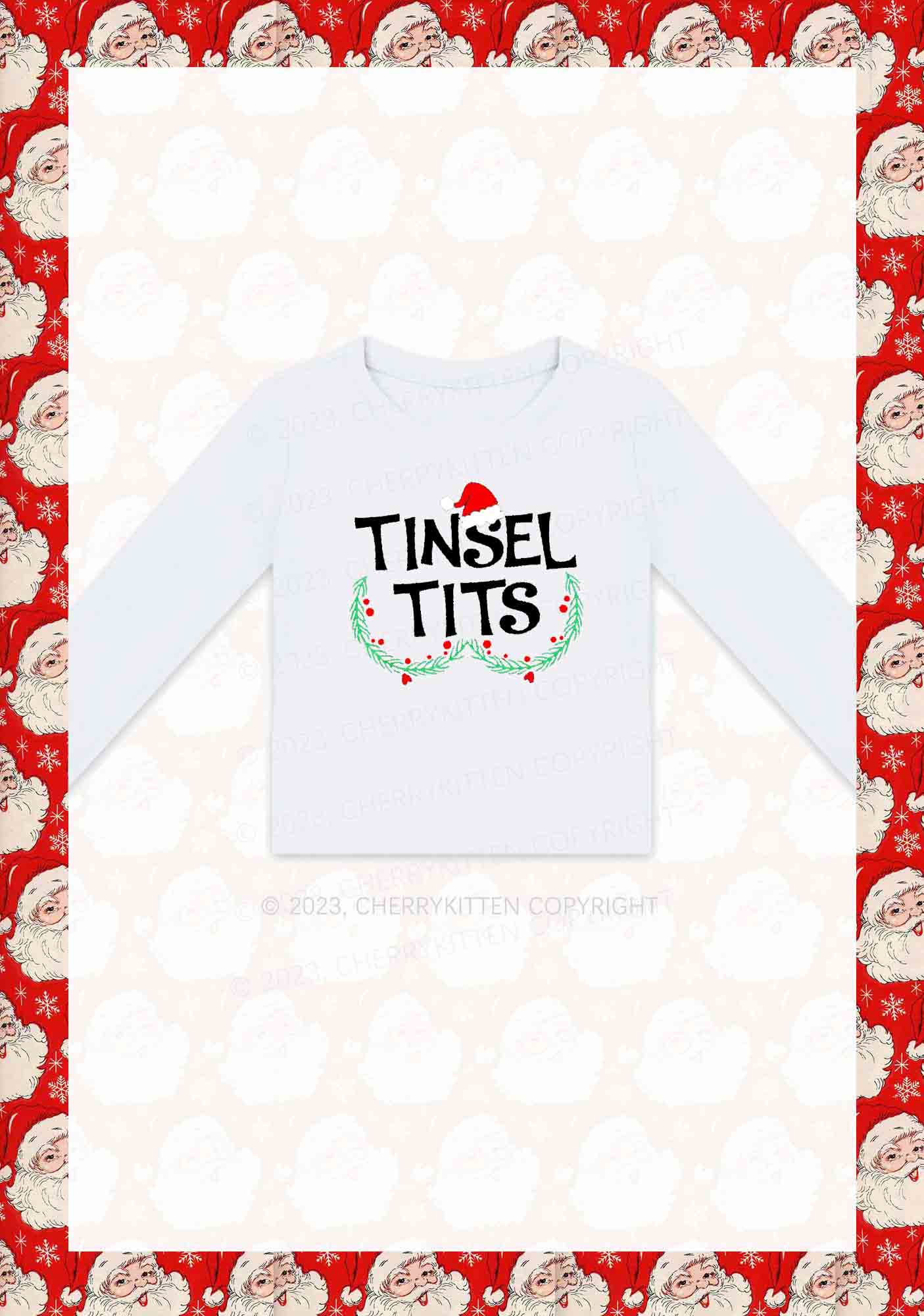 Christmas Hat Tinsel Txts Y2K Long Sleeve Crop Top Cherrykitten