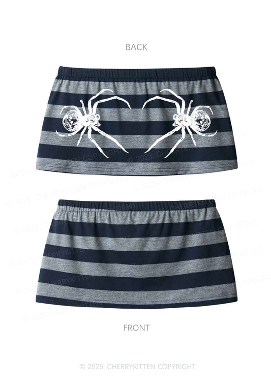 Skull Spider Y2K Navy Grey Striped Mini Skirt Cherrykitten